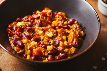 Chili Con Carne with ground beef, beans and corn in dark bowl on wooden background. Mexican and Texas cuisine
