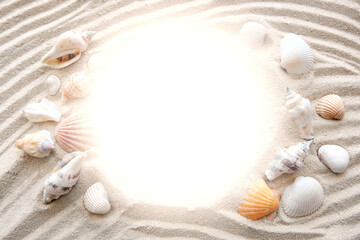 Blank white sheet of paper on white sand with seashells and stones. Message by the sea, romance, saint valenin's day, mother's, father's day. Copy space.