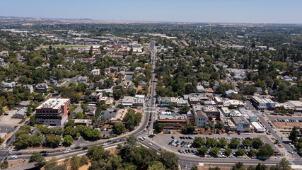 Daytime aerial view of historic downtown Folsom, California, USA. - obrazy, fototapety, plakaty