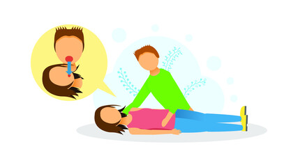 Abstract Flat Man Giving Artificial Respiration To A Woman First Aid Cartoon People Character Concept Illustration Vector Design Style Healthcare Medical Help