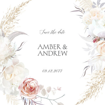 Luxurious beige and blush trendy vector design square frame. Pastel pampas grass, ivory peony, creamy magnolia