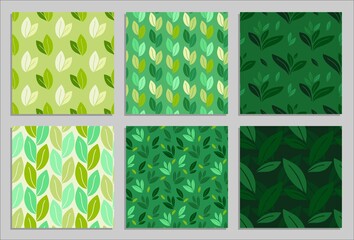 Vector seamless patterns with leaves, repeatable minimalistic backgrounds. Repeatable botanical backdrops. Green geometric tea leaves motif set.