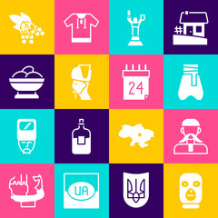 Set Thief mask, Ukrainian cossack, Cossack pants, Mother Motherland monument, Varenyky bowl, Branch viburnum and Independence day of Ukraine icon. Vector