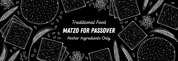 Matzo cooking and ingredients for matzo, sketch illustration. Middle eastern cuisine frame. Traditional passover food, design elements. Hand drawn, menu and package design. Jewish food.