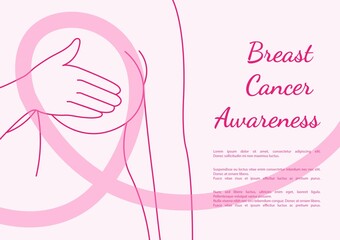 Breast Self-Exams line icon. Breast health. Breast cancer. Pink ribbon. Silhouette icon. Timely breast examination. Health care. National Breast Cancer Awareness. Health-care poster or banner template