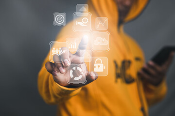 The concept of choice is correct. business people touch business and technology icons
