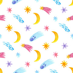 Seamless watercolor pattern with stars, moon, meteors, and comets on white background. Cute baby space print.