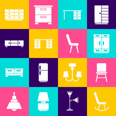 Set Armchair, Chair, Wardrobe, Office desk, Chest of drawers, and icon. Vector