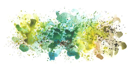 Foto op Plexiglas Art Watercolor flow blot with drops splash. Abstract texture green color stain on white horizontal long background. © Liliia