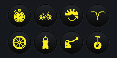 Set Bicycle wheel, handlebar, Sport bottle with water, brake, helmet, Unicycle one bicycle and Stopwatch icon. Vector