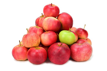 A pile of red and yellow apples. Among them is one green apple. Isolated on white background