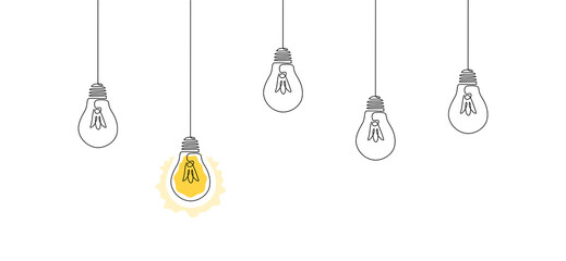One continuous line drawing of hanging light bulbs with one shining. Concept of creative idea in simple linear style. Editable stroke. Vector illustration - obrazy, fototapety, plakaty