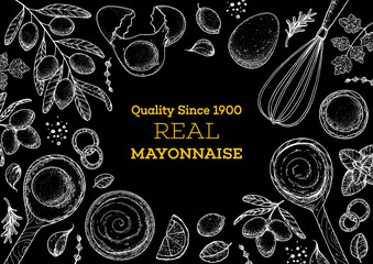 Mayonnaise sauce cooking and ingredients sketch, hand drawn vector illustration. Homemade mayonnaise sauce, design elements. Hand drawn, package design.
