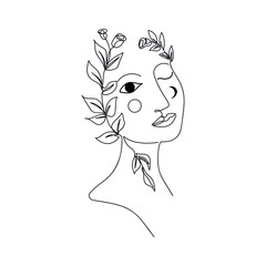 Abstractportrait of a woman symbolizing nature drawn by one line. Day and night.  Woman's face with open and closed eyes, sun and moon,  flowers, leaves. Sketch.  Boho style. Vector illustration.