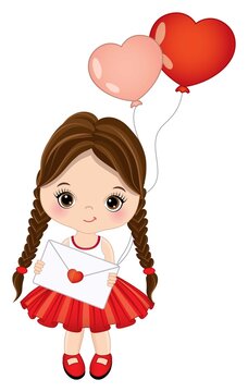 Cute Little Brunette Girl Holding Heart Shape Air Balloons. Vector Cute Girl with Balloons 