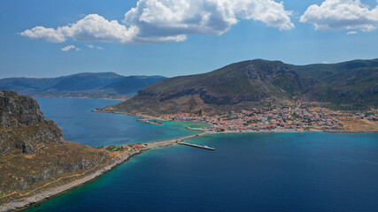 Fototapeta na wymiar Aerial drone photo of new city of Monemvasia in the heart of Lakonia with beautiful clouds and deep blue sky, Peloponnese, Greece