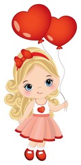 Cute Little Blond Girl Holding Heart Shape Air Balloons. Vector Cute girl with Balloons