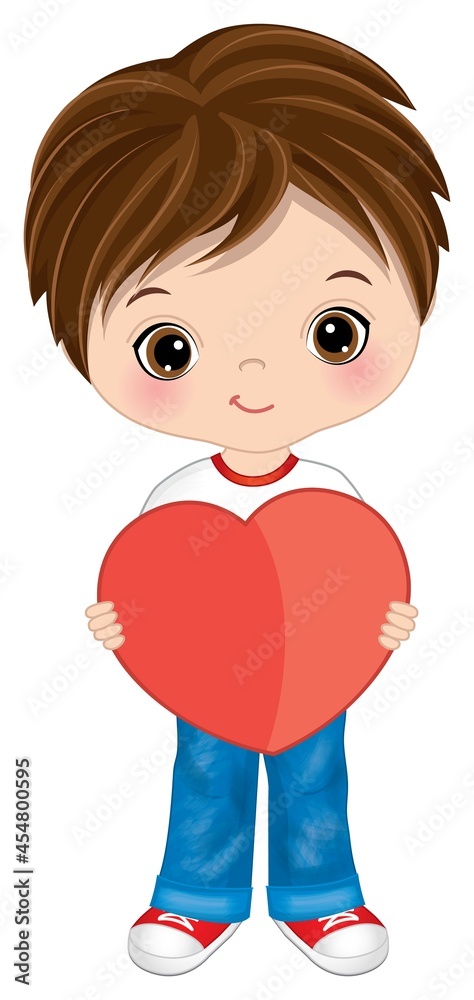 Wall mural Cute Little Brunette Boy Holding Shape of Heart. Vector Boy with Heart