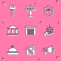 Set House key, Hanging sign with Rent, shield, Museum building, Garage, Skyscraper, Hotel service bell and percant discount icon. Vector