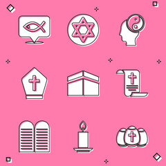 Set Christian fish, Star of David, Yin Yang, Pope hat, Kaaba mosque, Decree, paper, parchment, scroll, The commandments and Burning candle icon. Vector