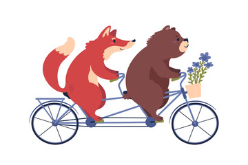 Cat and dog on a tandem bike. Cute cartoon characters.