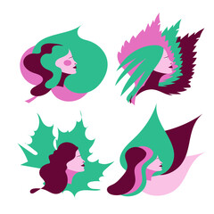 set of girls ' faces on a background of leaves