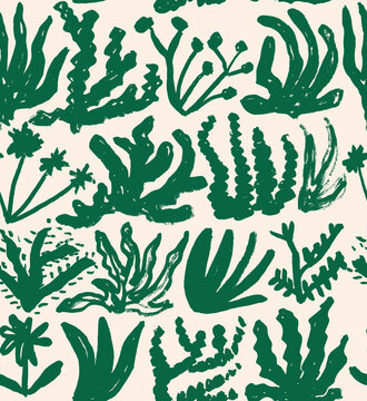 Desert Plants Hand Drawn Vector Seamless Pattern. Succulents Drawn with a Brush. Organic Nature Colorful Design for Fabric, Wrapping Paper, Gift Cards etc.