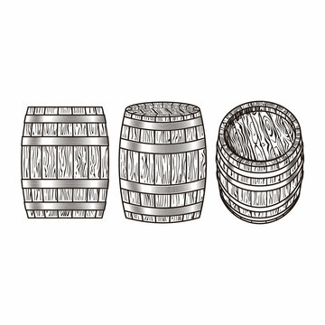 Vector set barrel. Oak barrel hand drawn illustrations. Wooden keg sketch drawing. design element.