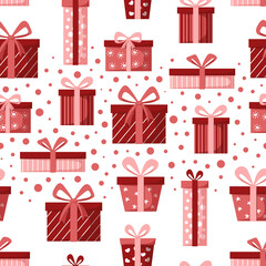 red gift boxes seamless pattern with ribbons and bows on white background
