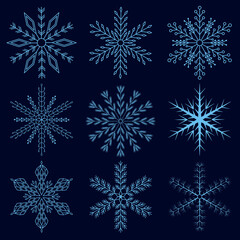 Fototapeta na wymiar Set of simple geometric snowflakes, for festive decoration in winter, Christmas and New Year, a separate element for gift paper or postcards. Vector illustration