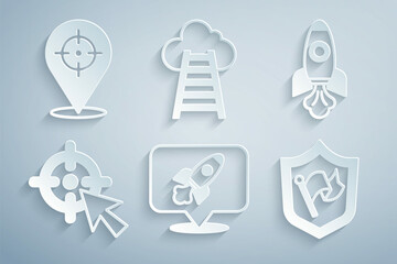 Set Rocket ship, Target, Shield with flag, Stair finish and icon. Vector