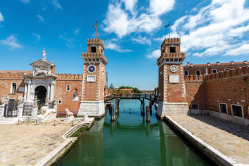 Historical shipyard " Arsenal ". Towers at the entrance to the Arsenal of Venice, Italiy.