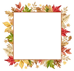 Watercolor frame with autumn leaves isolated on white background