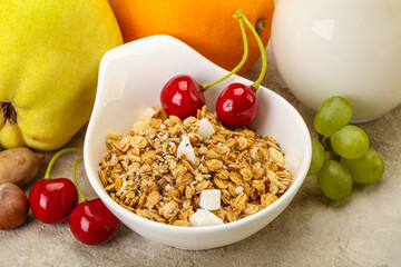 Breakfast with granola and milk