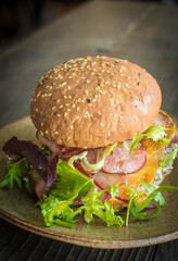 hamburger on a wooden table