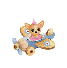 Fototapeta premium watercolor illustration cute animal dog in wooden vintage plane. This is a caricature of a baby shower