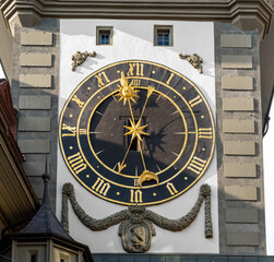 Detail of the Clock on the Eastern Facade of Zytglogge - Medieval Tower Clock - Bern, Switzerland