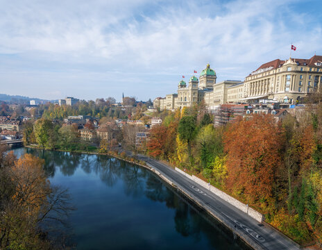 Federal Palace of Switzerland (Bundeshaus) and Aare River - Bern, Switzerland