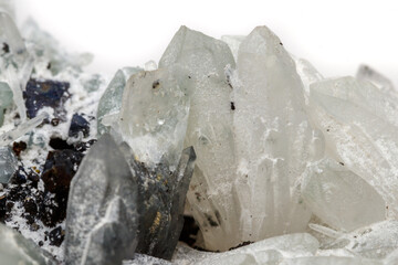 Macro mineral stone Drusus quartz with sphalerite in the rock a white background