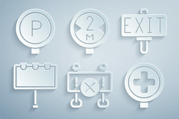 Set Road barrier, Fire exit, Billboard with lights, Hospital road traffic, sign and Parking icon. Vector