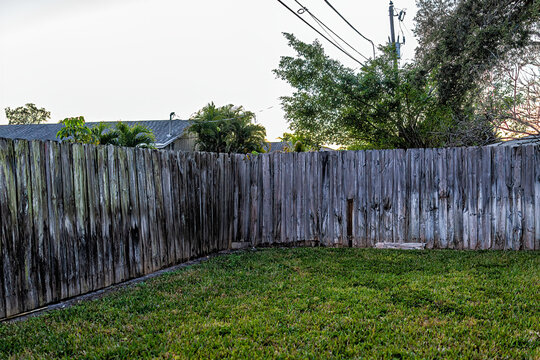 Corner Of Private Wooden Plank Fence With Black Mold In Front Yard Or Backyard With Green Grass Lawn At Sunset In Naples, Florida