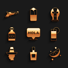Set Hola, Tequila bottle, Sliced lime, glass with lemon, Mexican man sombrero, wrestler and Vintage pistols icon. Vector © vector_v