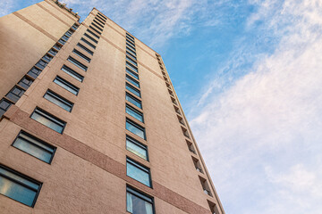 Looking up low angle view on resort hotel condo condominium apartment complex building at oceanfront waterfront beachfront in Myrtle Beach, South Carolina