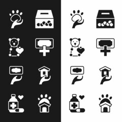 Set Donation and charity, Donate child toys, Animal volunteer, Shelter for homeless, shelter house and Medicine bottle pills icon. Vector