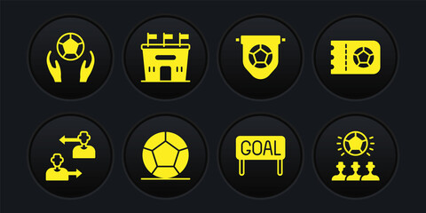 Set Substitution football player, Football or soccer ticket, Soccer, Goal, flag pennant, stadium, and icon. Vector