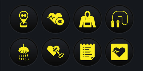 Set Shower, Jump rope, Dumbbell with heart, Sport training program, Hoodie, Heart rate, and Location gym icon. Vector