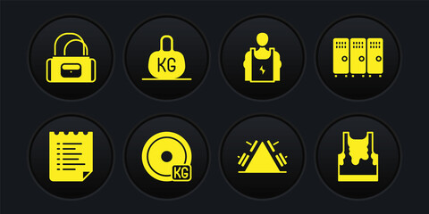 Set Sport training program, Locker changing room, Weight plate, Metal rack with weight, Bodybuilder, Sweaty sleeveless t-shirt and bag icon. Vector
