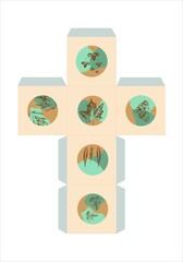 a template of a geometric shape cube with leaves for cutting, a cube pattern with prints of autumn leaves, a blank for children's products of games - cut, bend and glue