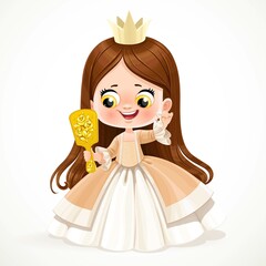 Cute baby princess with long brunette hair in peach dress trying on an earring in front of a mirror isolated on white background © Azuzl