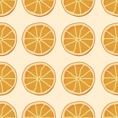 Seamless pattern with oranges on a beige background. Citrus slices. For wallpaper, decor, invitations, fabric, textiles and printing, web page backgrounds, gift and packaging paper.